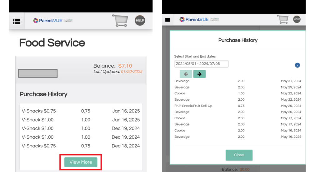 Screenshots of balance history and detailed balance history views in SchoolPay