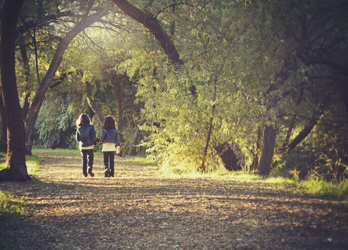 children walking on path through trees